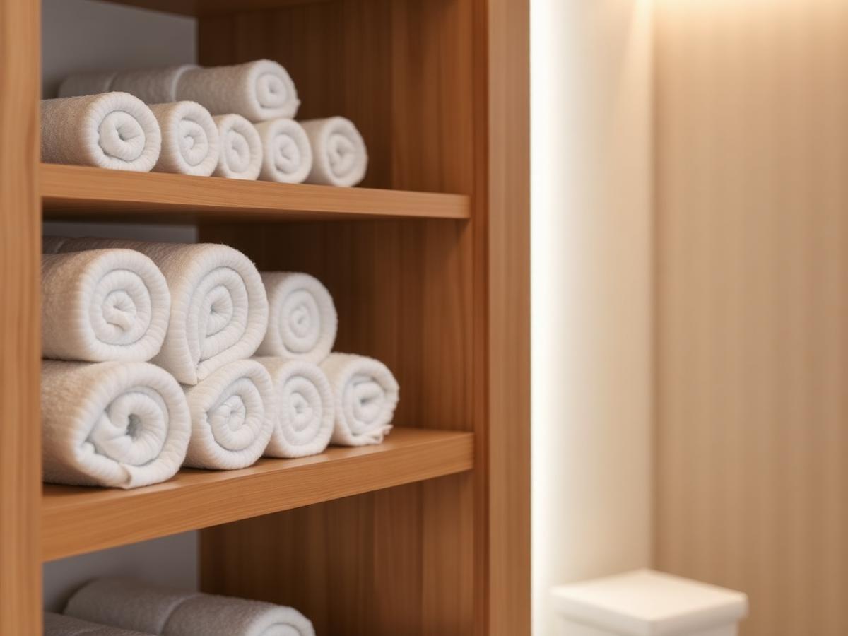 Neatly rolled and stacked white hotel towels