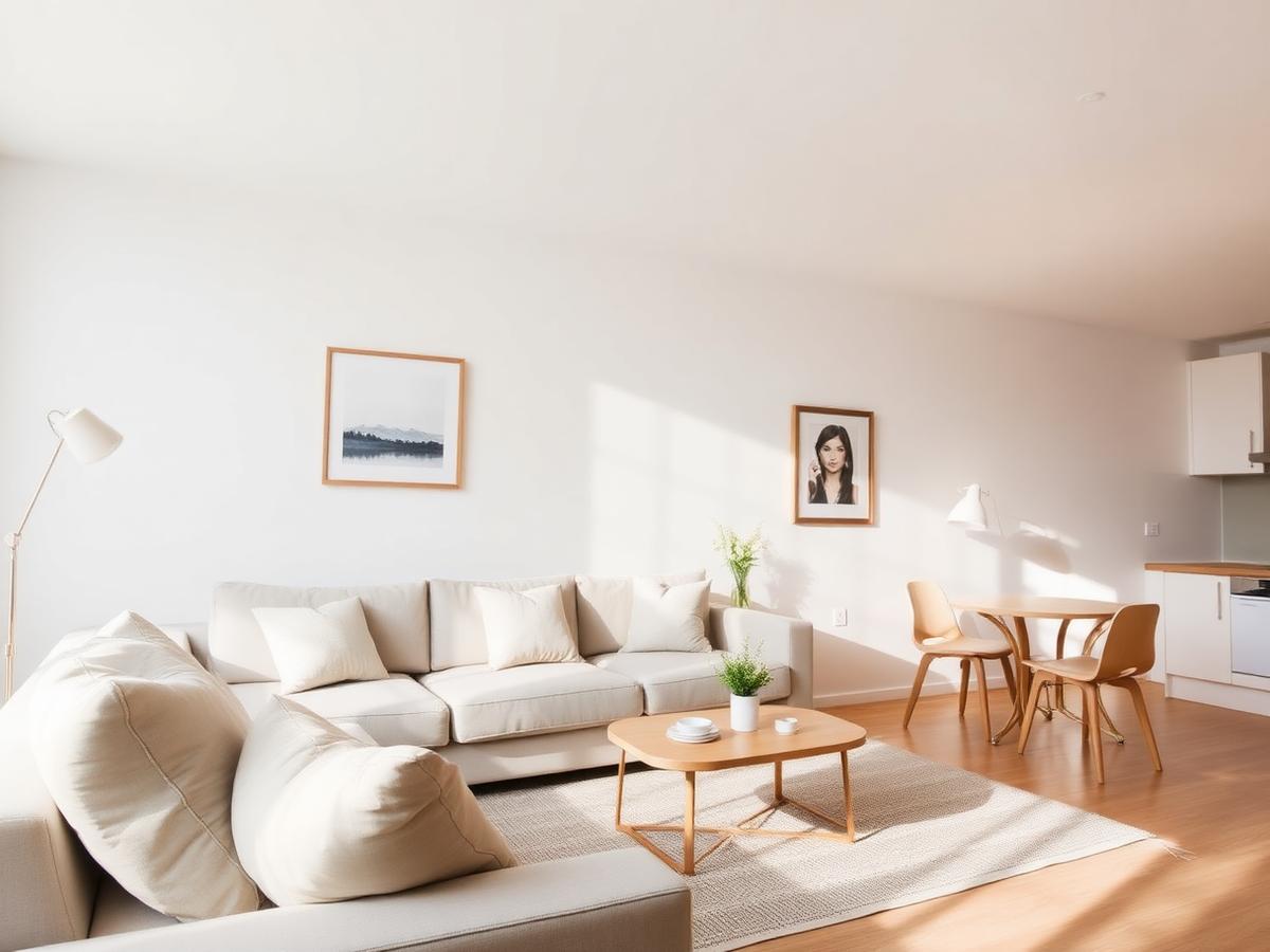 Bright, spotlessly clean holiday apartment living room ready for guests