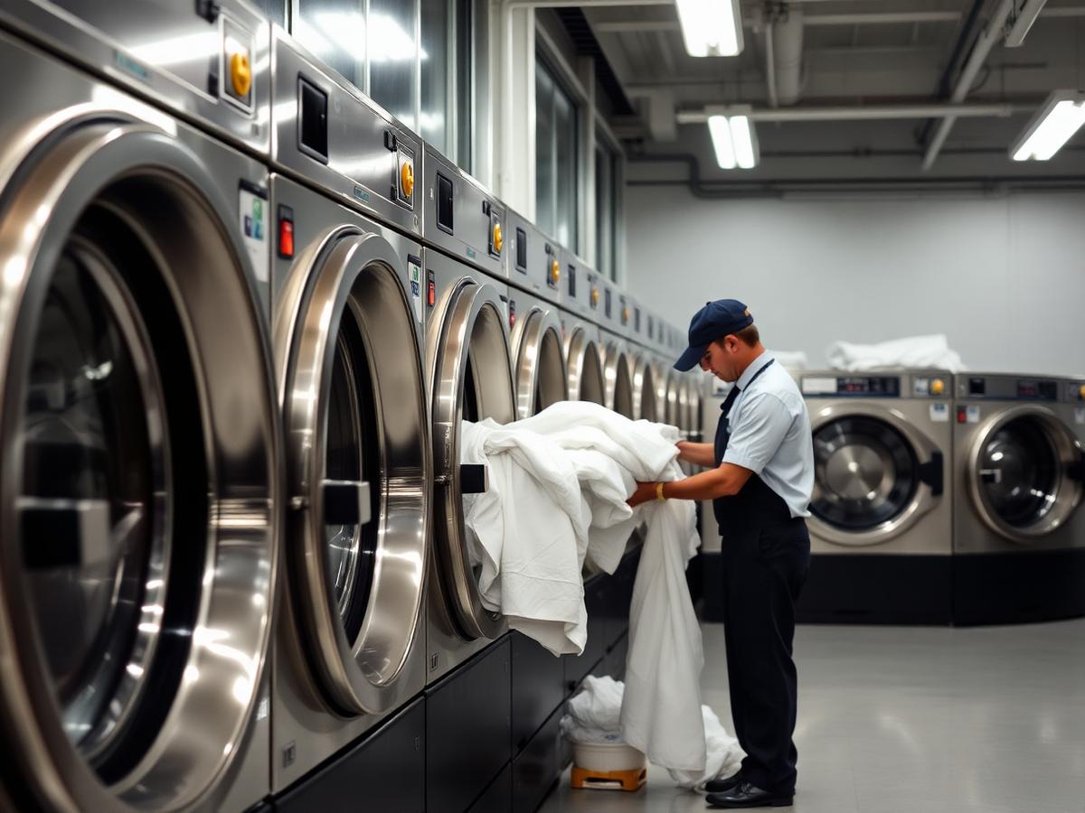Commercial washing machines being loaded with white hotel linen at the Cleanique laundry