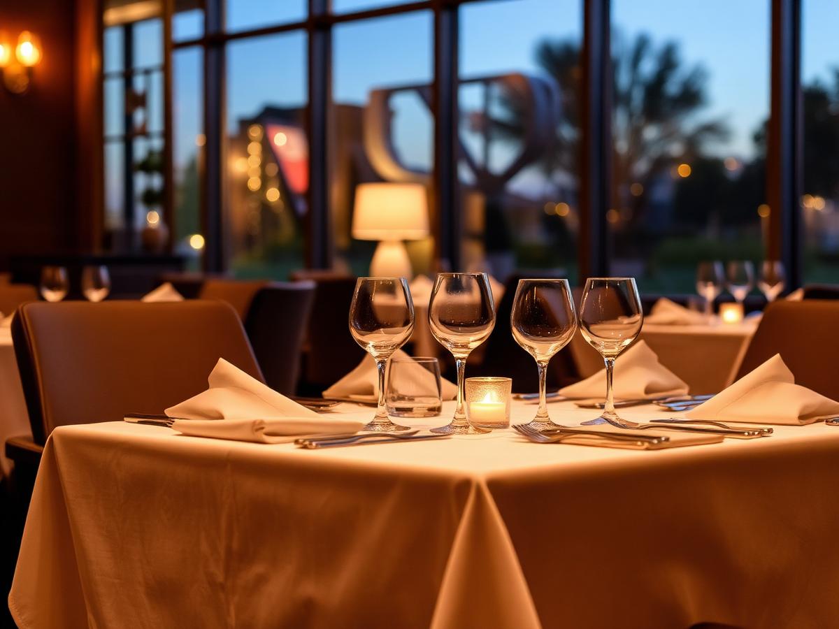 Restaurant table dressed with pressed hire table linen and folded napkins