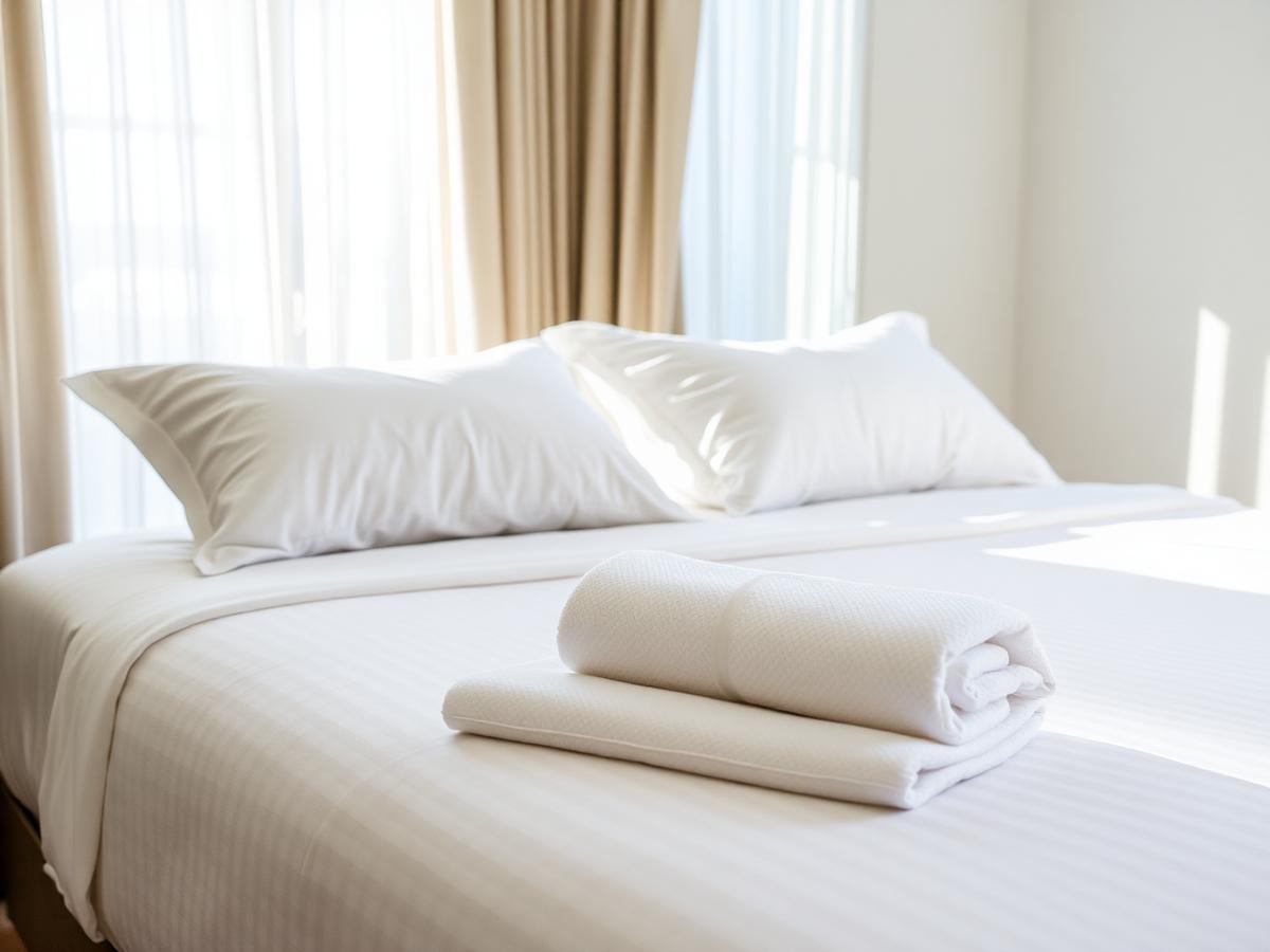 Holiday let bedroom made up with crisp white hire linen and folded towels